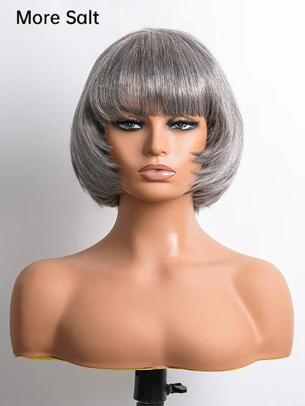 Product display of Luvwin Salt & Pepper Layered Cut Short Bang Wig Gray Hair with Inner Buckle, soft natural layers, realistic gray highlights, 100% human hair, beginner-friendly wig for Black women