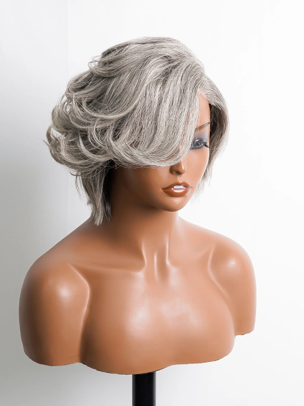 Luvwin Silver Gray Custom Layered Cut Side Part Hair Salt & Pepper Real Human Hair Wig, soft natural waves, realistic gray highlights, beginner-friendly glueless wig suitable for mature women, all age groups, perfect for brunch, professional events, or casual gatherings