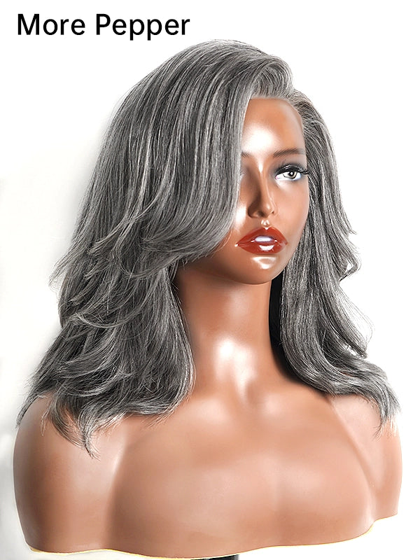 Product shot of Luvwin Salt & Pepper Gray Beginner Friendly Wave Wig, natural human hair, soft layered waves, realistic glueless lace wig, perfect for everyday or special occasions