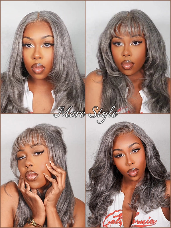 Mature African American woman wearing Luvwin 5x5 Closure Layered Wave Kinky Straight Wig, soft natural layered waves, realistic gray highlights, beginner-friendly human hair wig, stylish and easy-to-wear for Black women