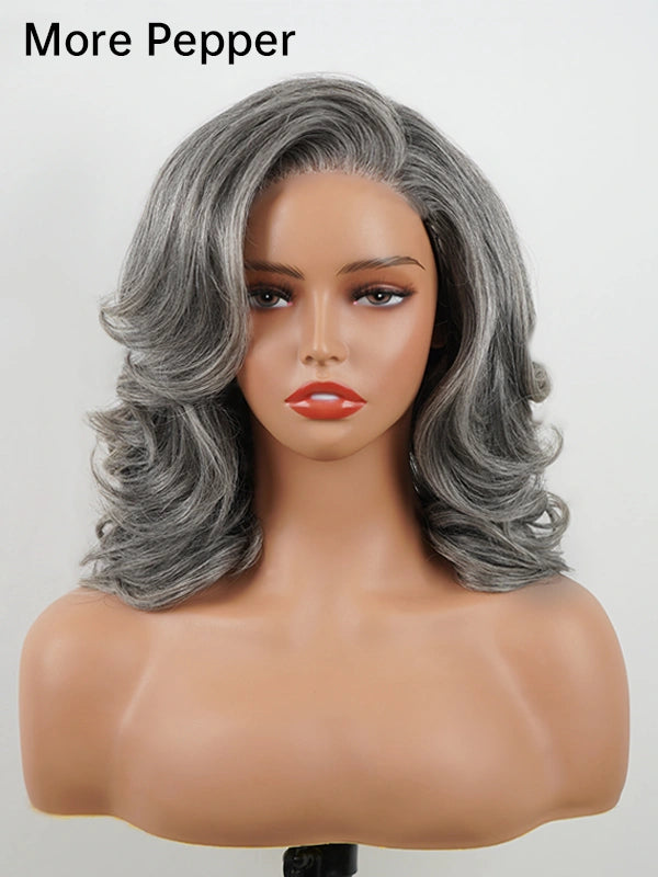 Luvwin More Pepper Salt and Pepper layered blowout wave wig made with 100% human hair, natural gray and black mix color, beginner friendly glueless design for women.