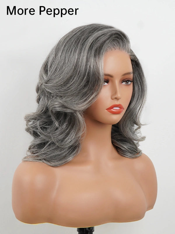 Side view of Luvwin More Pepper Salt and Pepper layered blowout wave wig, 100% human hair gray wig with darker tone, beginner friendly glueless wig for women.