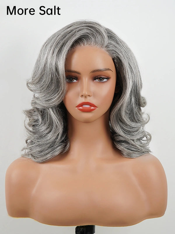More Salt Luvwin Salt and Pepper layered blowout wave wig made with 100% human hair, natural gray hairstyle for women, beginner friendly glueless wig.