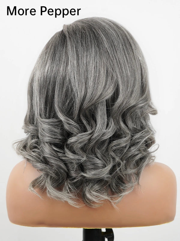 Back view of Luvwin More Salt salt and pepper layered blowout wave wig, 100% human hair gray wig with soft curls, natural volume and elegant shine for women.