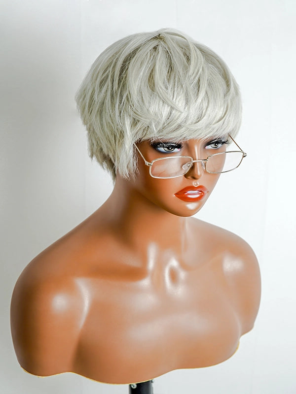 Luvwin Transparent Green Pixie Cut Style Wig with Bangs, sleek short hairstyle, 95% Salt color, soft natural texture, beginner-friendly human hair wig suitable for women of all ages, ideal for social gatherings, brunches, or work occasions