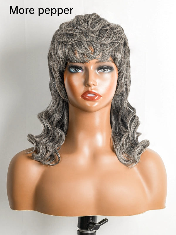 Luvwin Glueless Pixie Cut Mullet Wig with Bangs, Salt & Pepper color, soft natural texture, beginner-friendly human hair wig suitable for all age groups, great for casual, brunch, or professional occasions