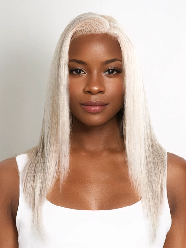 Full view of Luvwin 13x4 Lace Glueless Human Hair Wig, 95% White Salt & Pepper Platinum Blonde, sleek straight style, realistic gray highlights, beginner-friendly 100% human hair wig suitable for everyday, work, or weekend for Black women