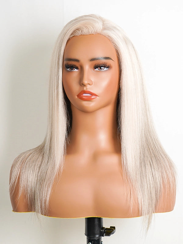 Close-up of Luvwin 13x4 Lace Glueless Straight Platinum Blonde Wig, Salt & Pepper highlights, sleek straight style, easy-to-style 100% human hair wig for stylish Black women for work, weekend, or casual occasions
