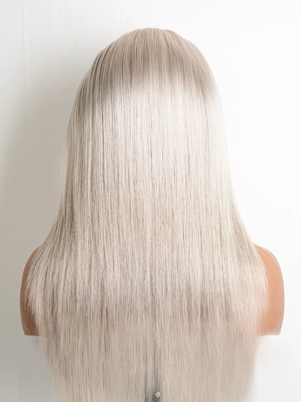 Full product shot of Luvwin 13x4 Glueless Human Hair Wig, 95% White Salt & Pepper Platinum Blonde, sleek straight style, realistic gray highlights, beginner-friendly wig suitable for everyday, work, or weekend for Black women