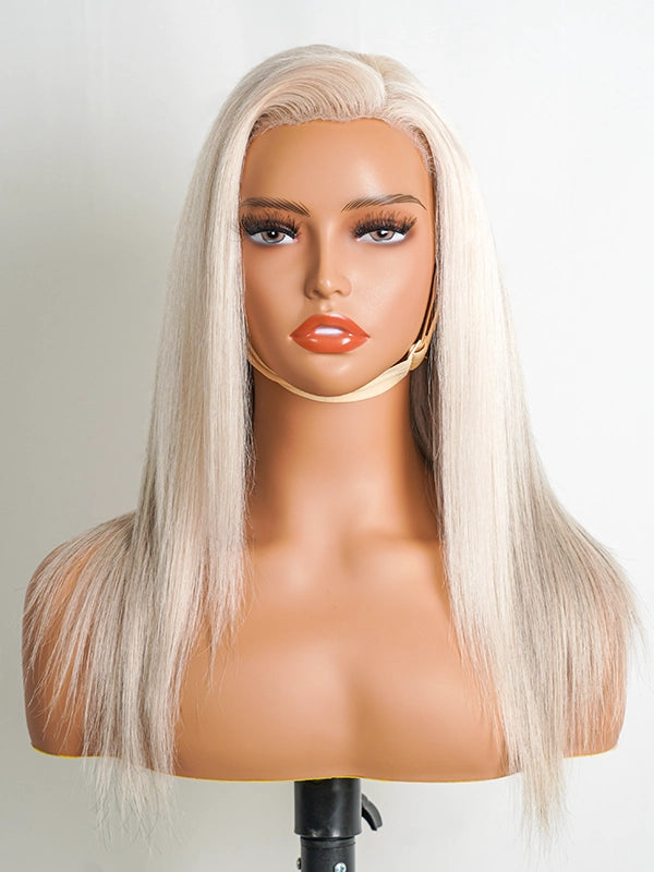 Product display of Luvwin 13x4 Lace 95% White Salt & Pepper Straight Platinum Blonde Glueless Human Hair Wig, sleek straight style, realistic gray highlights, beginner-friendly 100% human hair wig for Black women