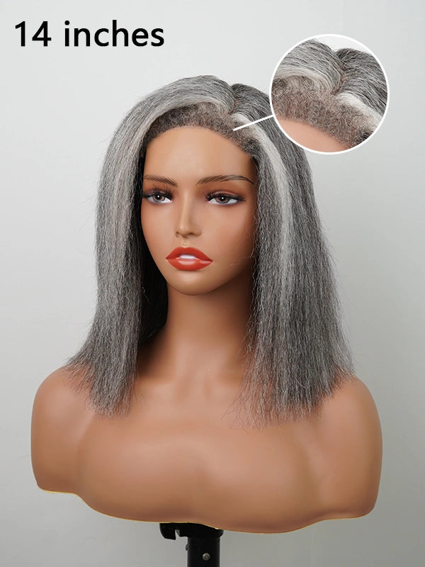 African American woman modeling Luvwin Realistic 4C Edges Salt & Pepper More Salt Highlight Glueless Yaki Straight Wig, natural human hair, realistic 4C texture edges, beginner friendly, suitable for middle-aged and older women, versatile style for work or special occasions