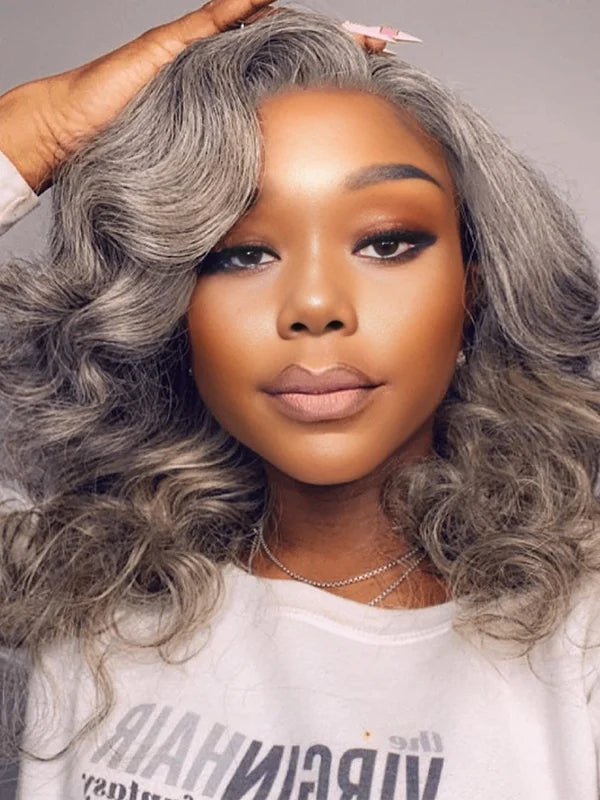 Mature African American woman wearing Luvwin Body Wave Glueless Bob Wig with Salt & Pepper gray highlights, natural hairline, soft realistic texture, comfortable and stylish human hair wig for Black women