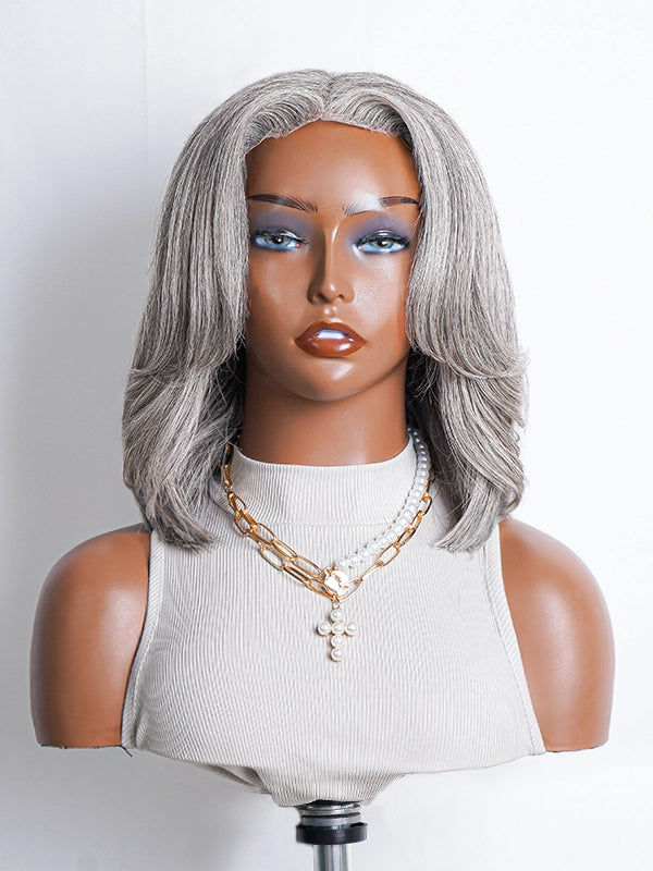 Close-up of Luvwin Gray Color Layered Wig with Salt & Pepper highlights, soft natural layers, glueless lace front, 100% human hair, easy-to-style wig for Black women for work, weekend, or casual outings