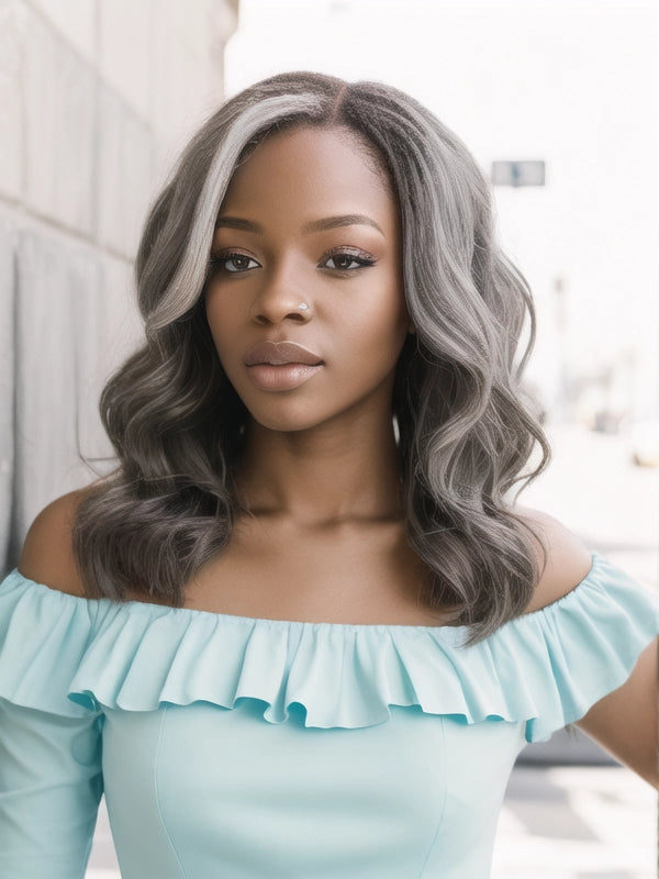 African American woman in Luvwin Salt & Pepper Loose Wave Glueless Bob Wig, soft natural waves, realistic gray highlights, glueless 5x5 closure, 100% human hair, beginner-friendly wig suitable for everyday and casual wear