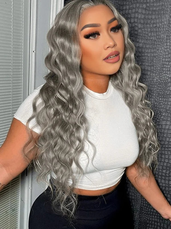 African American woman in Luvwin Salt & Pepper Loose Wave Wig, soft natural waves, glueless 5x5 closure, realistic gray highlights, 100% human hair wig, beginner-friendly and stylish for everyday and casual occasions