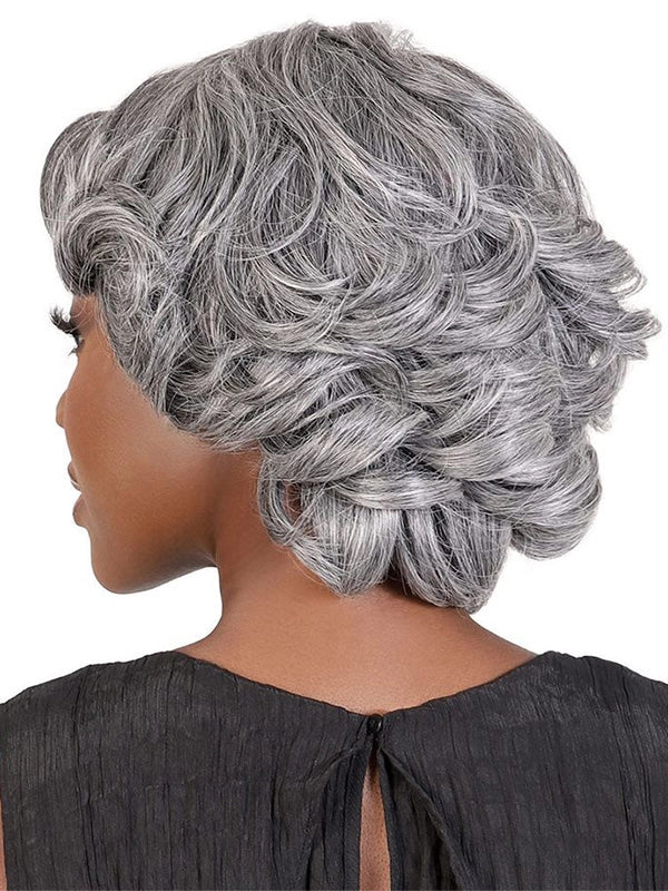 African American woman in Luvwin Retro Elegant Wave Glueless Wig, soft natural waves, realistic gray highlights, pre-cut 5x5 lace, 100% human hair, beginner-friendly and easy-to-style wig for everyday wear