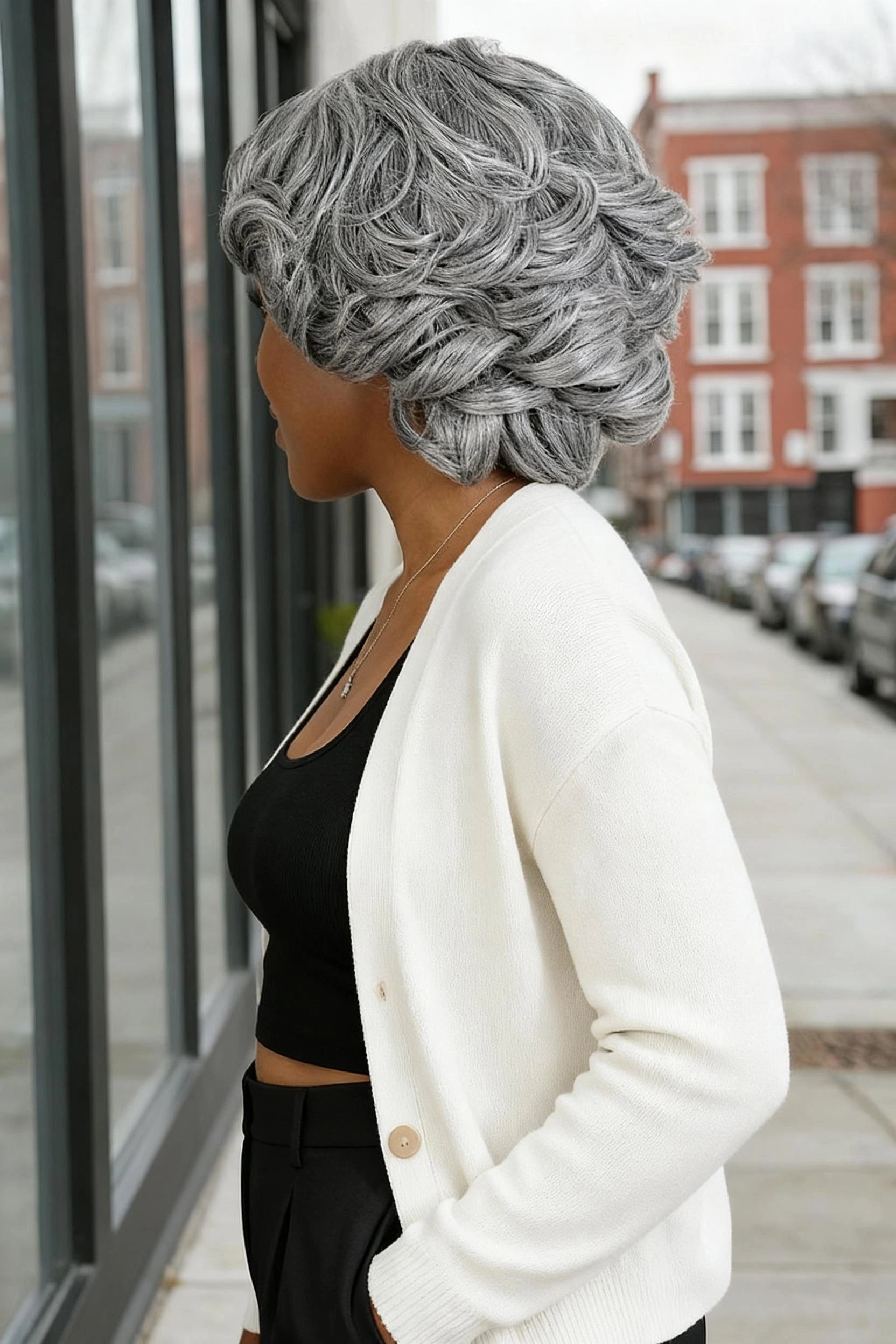African American woman in Luvwin Retro Elegant Wave Glueless Wig, soft natural waves, realistic gray highlights, pre-cut 5x5 lace, 100% human hair, beginner-friendly and easy-to-style wig for everyday wear
