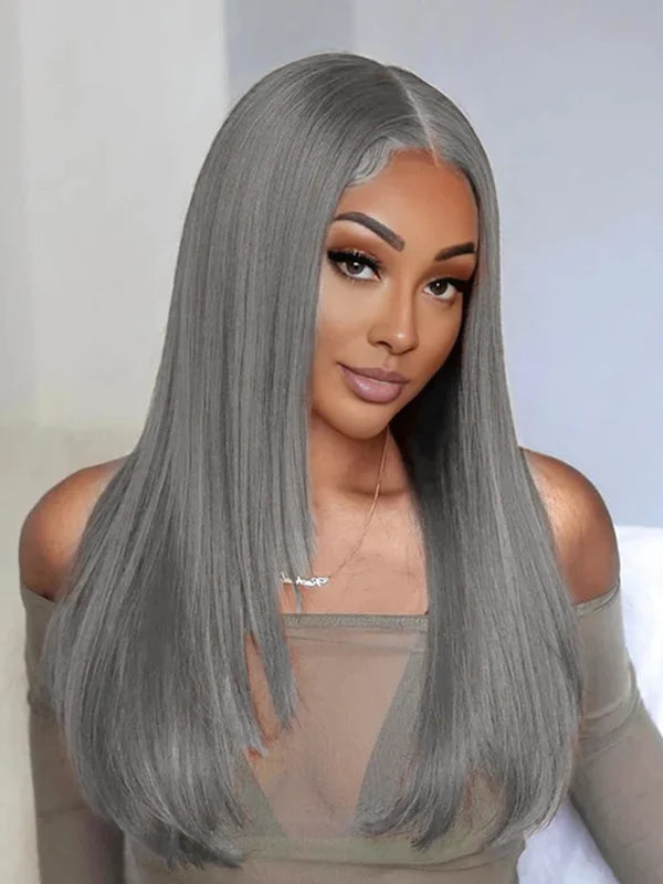 African American woman in Luvwin Salt & Pepper Gray Straight Layered Cut Wig, soft natural straight layers, glueless 5x5 closure, beginner-friendly human hair wig, easy-to-style for everyday and casual occasions
