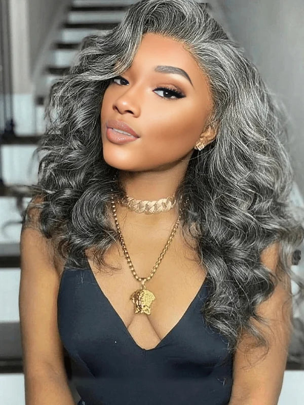 African American woman in Luvwin 13x4 Salt & Pepper Wavy Glueless Wig, soft natural waves, realistic gray highlights, glueless pre-cut lace, 100% human hair, beginner-friendly wig suitable for everyday and casual wear