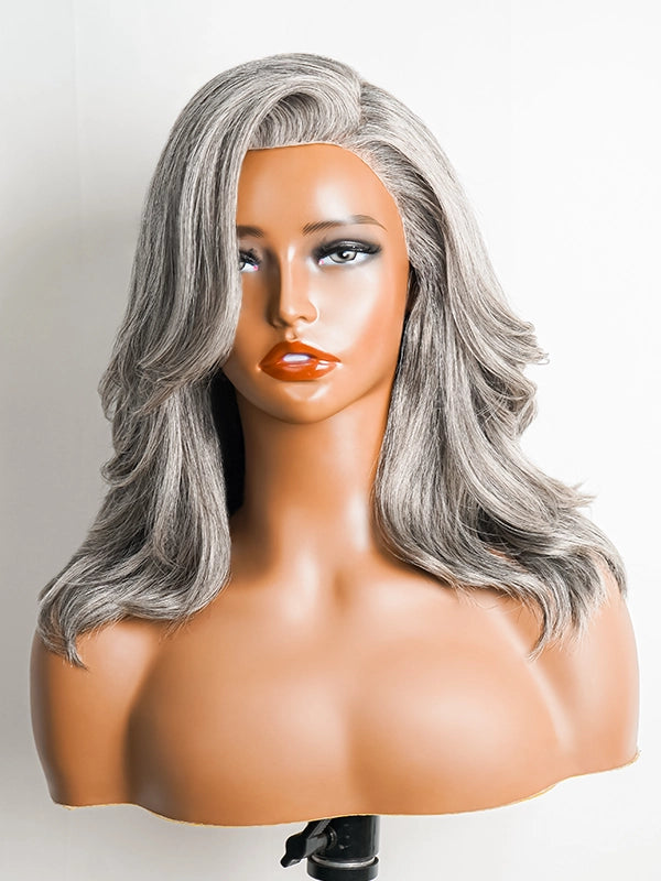 Full product display of Luvwin Salt & Pepper Gray Beginner Friendly Glueless Layered Wave Wig, 100% human hair, soft realistic waves, natural gray highlights, perfect lace wig for Black women
