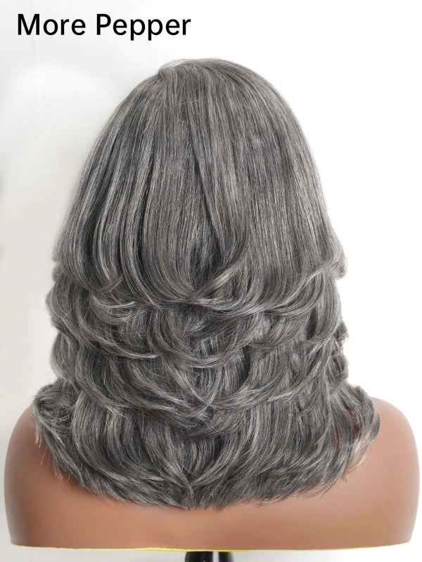 Luvwin Glueless Layered Wave Wig in Salt & Pepper Gray, 100% human hair, realistic texture, natural hairline, soft waves, comfortable lace wig for Black women seeking gray hairstyles
