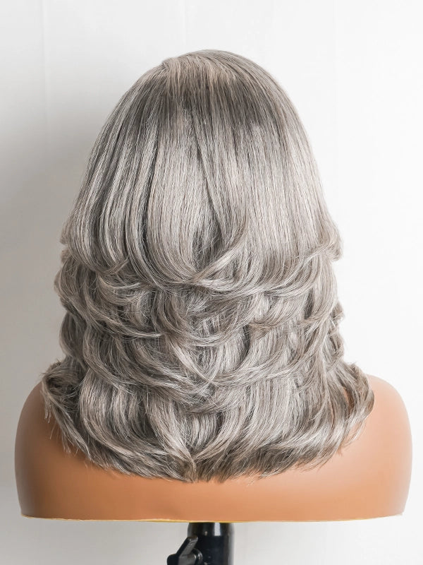 Luvwin Glueless Layered Wave Wig in Salt & Pepper Gray, 100% human hair, realistic texture, natural hairline, soft waves, comfortable lace wig for Black women seeking gray hairstyles
