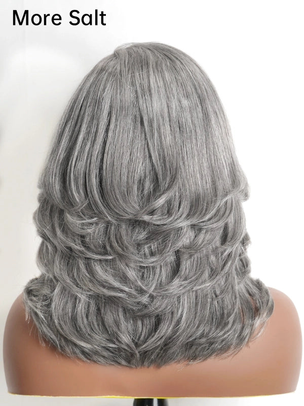 Luvwin Glueless Layered Wave Wig in Salt & Pepper Gray, 100% human hair, realistic texture, natural hairline, soft waves, comfortable lace wig for Black women seeking gray hairstyles
