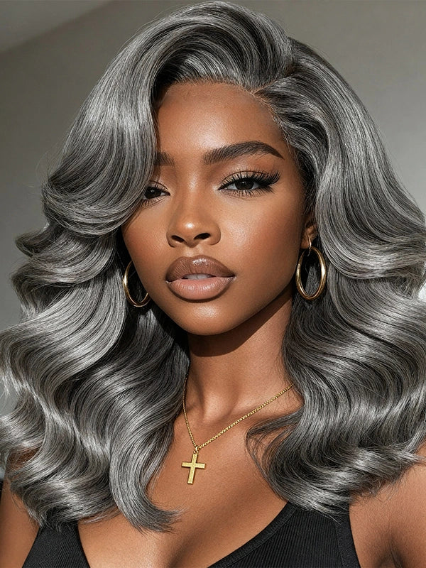 Luvwin salt and pepper layered blowout wave gray wig made with human hair, natural silver gray color with soft body waves, side part style, realistic look for black women.