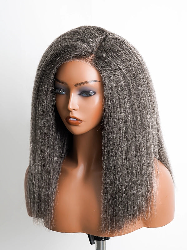 Luvwin 5x5 Closure Kinky Straight Glueless Wig, free parting, realistic texture, soft gray highlights, comfortable beginner-friendly lace wig for Black women, stylish and natural look
