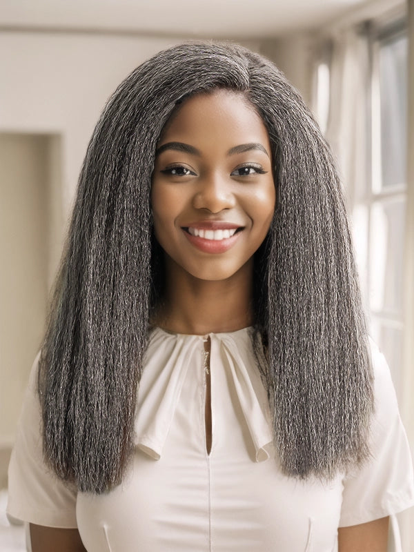 Mature African American woman wearing Luvwin 5x5 Closure Kinky Straight Wig in Salt & Pepper gray, natural hairline, soft realistic texture, glueless lace front, comfortable human hair wig for Black women
