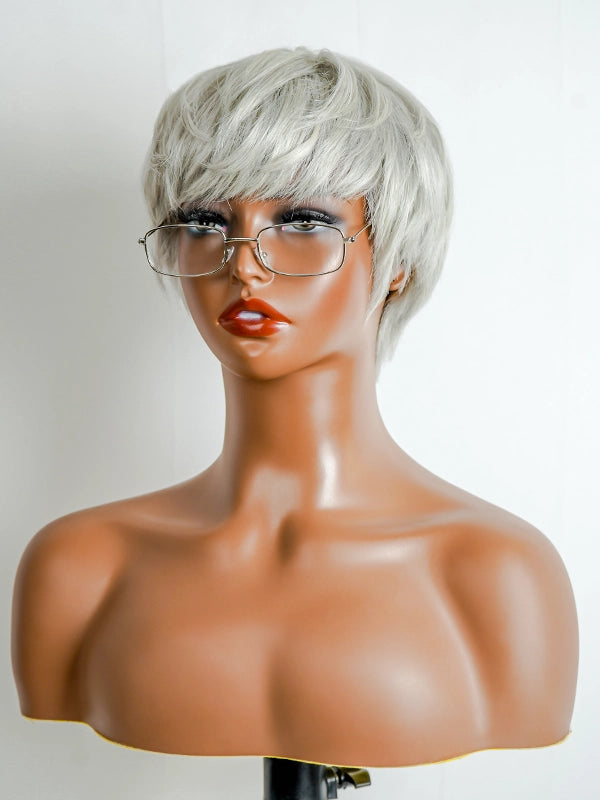 Luvwin 95% Salt Transparent Green Pixie Cut Style Full Machine Wig with Bangs, sleek short hairstyle, realistic soft texture, beginner-friendly human hair wig for mature women and mid-aged adults, perfect for casual outings, weekend activities, or professional events
