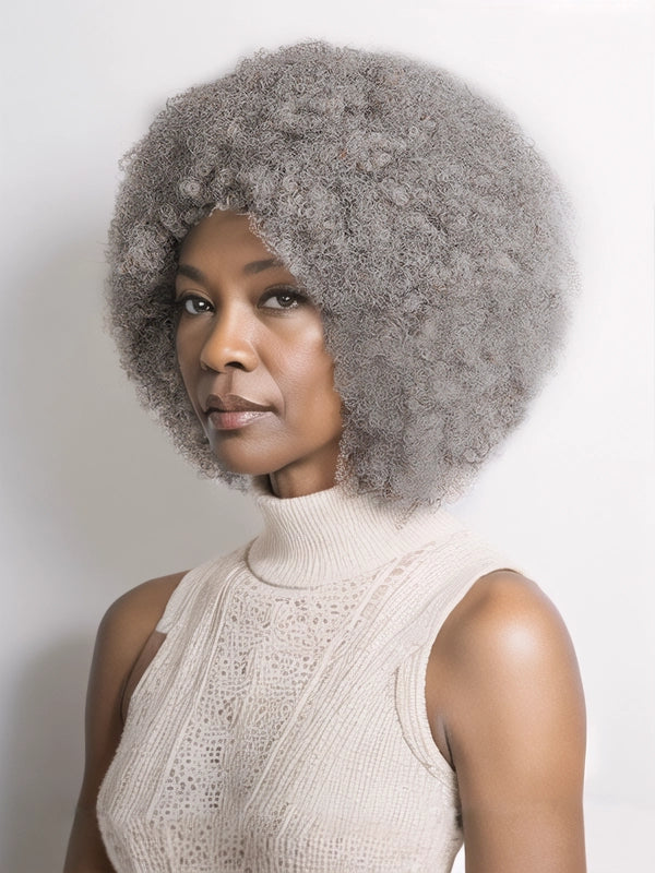 African American woman wearing Luvwin Salt & Pepper Afro Natural Hairstyle Wig with Small Lace, soft natural curls, realistic gray highlights, 100% human hair, beginner-friendly wig suitable for mature women, mid-aged and older, perfect for brunches, office events, or social gatherings