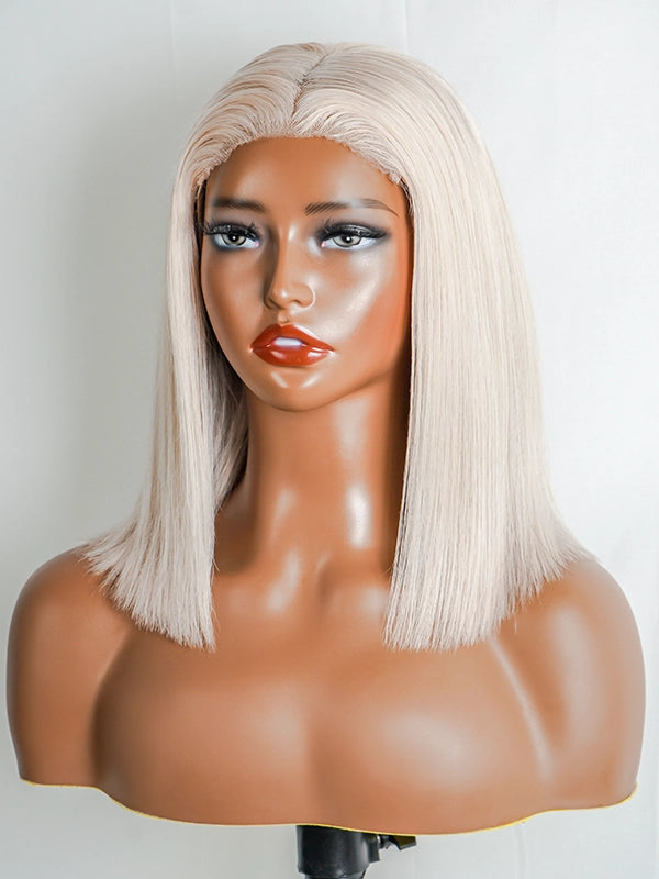 Luvwin 5x5 Lace Bob Wig in Salt & Pepper Platinum Blonde, soft sleek straight hair, realistic gray highlights, beginner-friendly human hair wig for Black women, stylish and easy-to-wear for everyday, work, or casual occasions