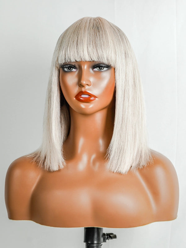 Luvwin Full Machine Made Bang Bob Wig in Salt & Pepper Platinum Blonde, sleek straight style, realistic gray highlights, 100% human hair, beginner-friendly wig for Black women of all ages, ideal for family gatherings, professional settings, weekend outings, or evening events