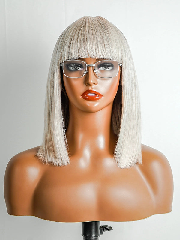 ：Luvwin 95% White Salt & Pepper Straight Platinum Blonde Bob Wig with Small Lace, sleek straight hair with bangs, realistic gray highlights, glueless human hair wig for Black women, suitable for teens, working women, and mature women, perfect for dinners, weddings, or casual outings
