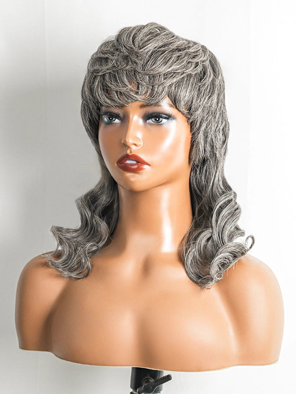 Luvwin Salt & Pepper Pixie Cut Glueless Mullet Wig with Bangs, soft layered texture, realistic gray highlights, 100% human hair wig suitable for mature women and mid-aged adults, perfect for social events, weekend outings, or casual gatherings