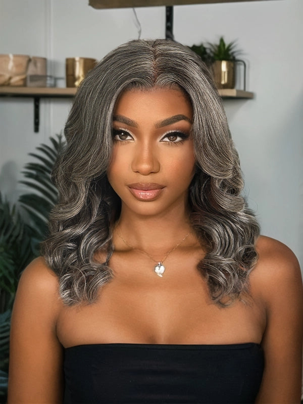 African American woman wearing Luvwin Salt & Pepper Gray Body Wave Glueless Bob Wig, 100% human hair, soft natural waves, realistic gray highlights, beginner-friendly lace wig for Black women looking for stylish gray bob hairstyles
