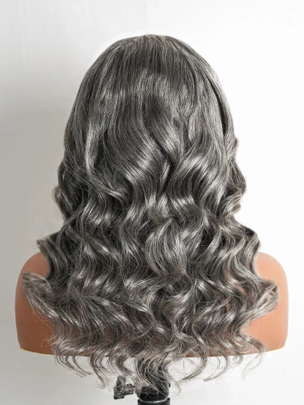 Full product shot of Luvwin 5x5 Salt & Pepper Body Wave Glueless Bob Wig, 100% human hair, soft realistic waves, glueless lace front, natural gray highlights, easy-to-style wig for Black women seeking elegant gray hairstyles