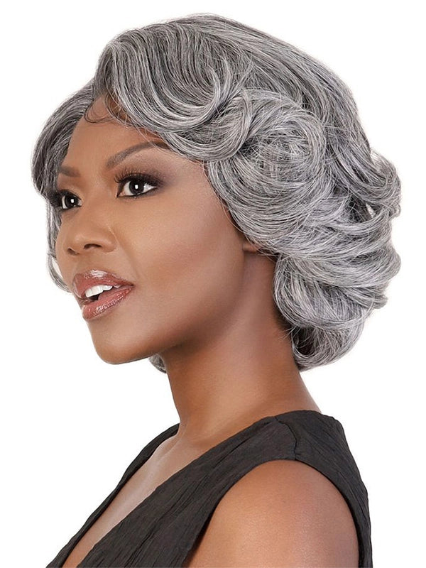Black woman showcasing Luvwin Retro Elegant Wave Glueless Wig, soft natural waves, realistic Salt & Pepper highlights, pre-cut 5x5 lace, comfortable human hair wig suitable for stylish everyday or formal looks