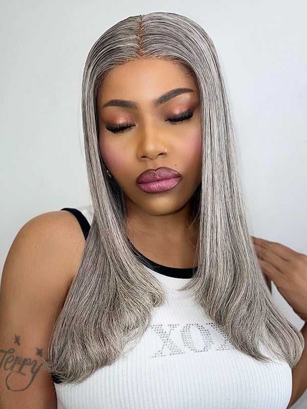 Black woman showcasing Luvwin Salt & Pepper Gray Straight Layered Wig, natural straight layers, glueless 5x5 closure lace, realistic gray highlights, comfortable human hair wig perfect for work, weekend, or casual outings