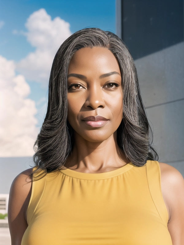 Mature African American woman wearing Luvwin Custom Wavy Hair Bob Wig in Dark Gray Salt & Pepper, soft natural waves, realistic highlights, beginner-friendly 100% human hair wig suitable for all ages, ideal for weekend activities, brunch, or social events
