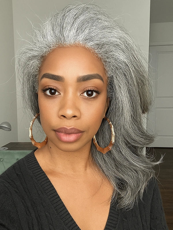 Luvwin 3 In 1 Kinky Straight Half Wig, Salt & Pepper color, soft natural texture, glueless 3/4 human hair wig, beginner-friendly, suitable for mature women and women of all ages, great for social events, weekend activities, or family gatherings
