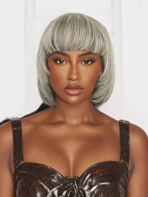 African American woman wearing Luvwin Salt & Pepper Layered Cut Short Bang Wig, soft natural layers, realistic gray highlights, inner buckle, 100% human hair, beginner-friendly and easy-to-style for everyday, work, or casual occasions

