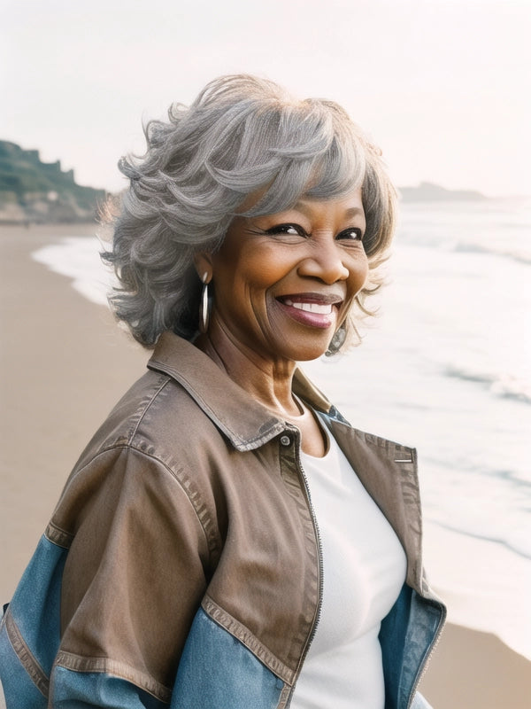 Black woman showcasing Luvwin Silver Gray Custom Layered Cut Side Part Wig, soft natural waves, realistic Salt & Pepper highlights, beginner-friendly human hair wig for all age groups, perfect for family gatherings, weekend outings, or professional events