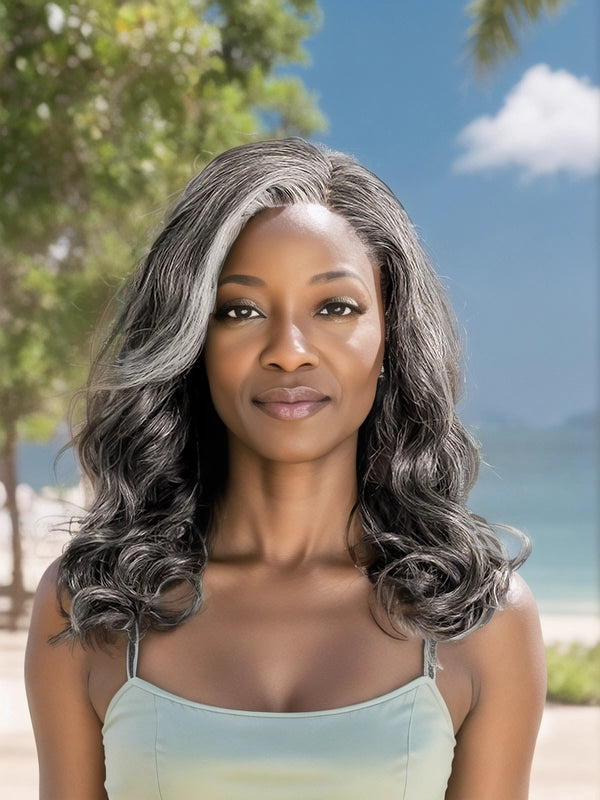 African American woman wearing Luvwin 5x5 Closure Salt & Pepper Loose Wave Glueless Bob Wig, soft natural waves, realistic gray highlights, 100% human hair, beginner-friendly and easy-to-style wig for everyday and casual wear