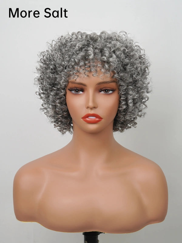 Mannequin wearing Luvwin Salt and Pepper Ringlet Curls Wig with Bangs, soft and natural curls giving a realistic look for mature women, perfect for everyday wear.
