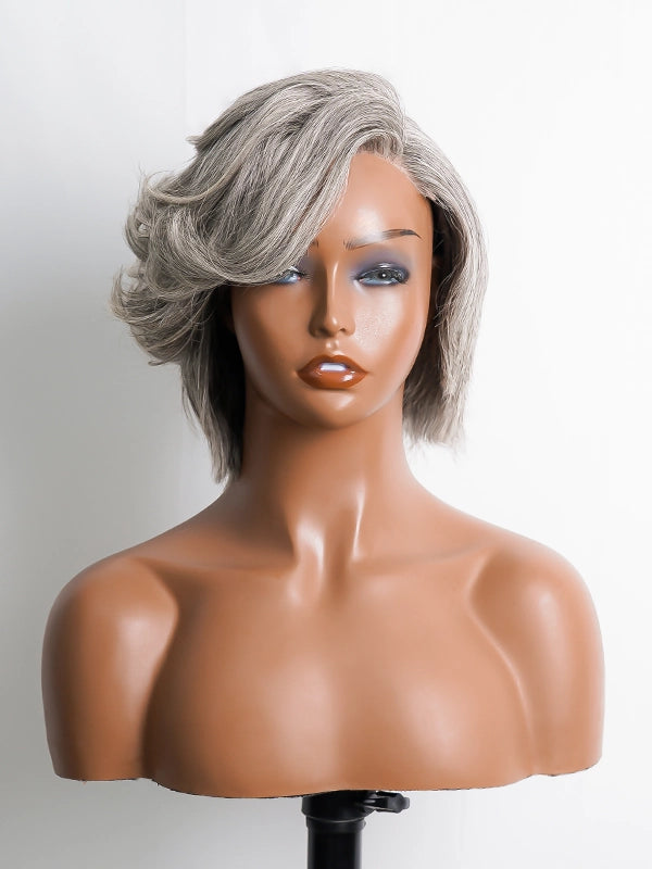 Luvwin Silver Gray Custom Layered Cut Side Part Hair Salt & Pepper Real Human Hair Wig, soft layered waves, glueless beginner-friendly wig suitable for mature women and women of all ages, great for brunches, professional settings, or casual social gatherings