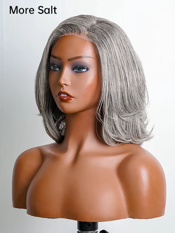 Luvwin Gray Layered Straight Bob Wig, glueless, pre-cut, natural 100% human hair, easy to style, stylish for mature women, daily wear or special events
