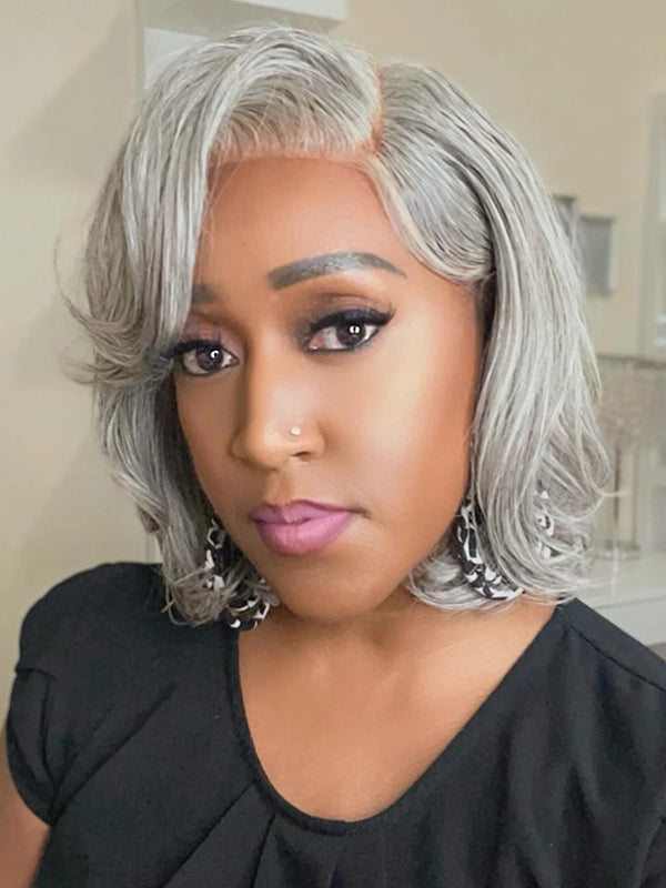 African American woman with Luvwin Salt & Pepper Straight Layered Bob Wig, 100% human hair, glueless, natural gray, beginner-friendly, stylish for any occasion, comfortable for daily wear
