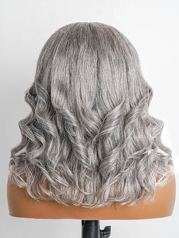 Luvwin Ready To Go Layered Wavy Cut Wig with Bangs, Salt & Pepper highlights, soft natural waves, 13x4 frontal glueless human hair wig suitable for mature women and all age groups, great for casual outings, weekend activities, or social events
